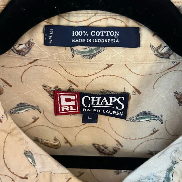 Chaps Ralph Lauren Men’s Button Down Shirt Fishing Print Beige Cotton Size L - Picture 3 of 6